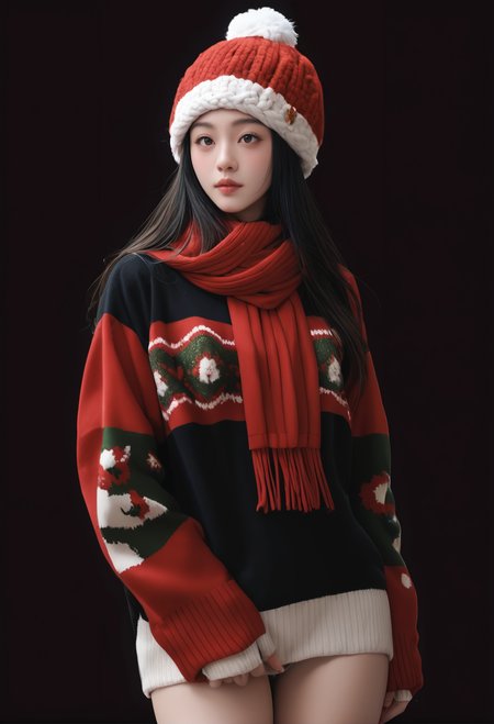 1girl,black background,,ruanyi1386,beanie,multicolored clothes,red scarf,christmas,standing,thigh gap,sweater,<lora:1386 christmas_v1_pony:1>, score_9,score_8_up,score_7_up,,8k,solo,,