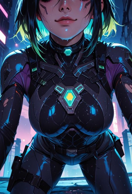 highres, very detailed, amazing quality, masterpiece,
very aesthetic,
particle effect,
1girl, viper, viper from valorant, beautiful face, toned arms, eyeshadow, eyeliner, detailed eyes, black hair, green highlights in hair, ripped outfit, tattered, body armor suit, futuristic armor, cyberpunk, harness on hips, pistol holster, breasts, tattoo, hot, sweat, steaming body, choker, skindentation, beautiful lights, nightclub, rooftop, outside, at night, night, close up, smirk, leaning, skindentation, 
leaning, cool pose, 
(((From the front, view from the front, front view))),