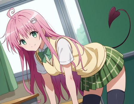 score_9, score_8_up, score_7_up, source_anime,
laladeviluke, <lora:lala-deviluke-darkness-ponyxl-lora-nochekaiser:1>,
lala deviluke, long hair, pink hair, tail, ahoge, bangs, hair ornament, green eyes,
demon tail, green skirt, plaid, plaid skirt, sainan high school uniform, school uniform, skirt, sweater vest, thighhighs, yellow sweater, short sleeves, bow, green bow,
indoors, classroom, bent over, smile,
looking at viewer, cowboy shot, dutch angle, solo,