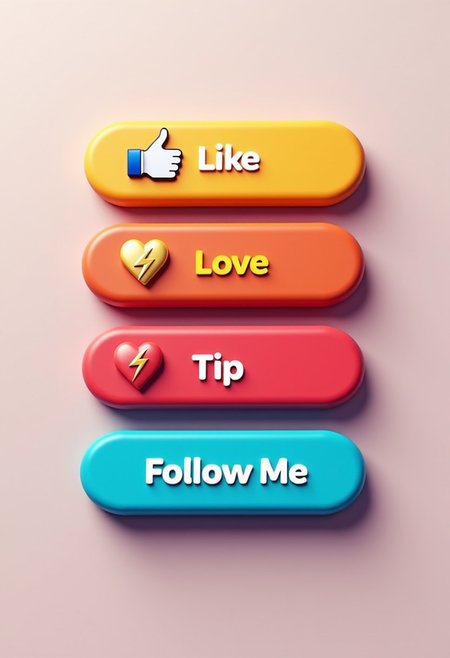 Create a 3D image of a modern mobile phone with 4 buttons in VibrantTech3D style.
A yellow Button with with a thumbs up and the word "Like". 
A red Button with a heart icon and the word "Love".
A golden Button with a bolt icon and the word "Tip".
A cyan Button with the words "Follow Me"