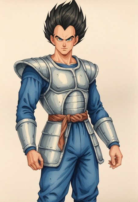 score_9, score_8_up, score_7_up, oblivionarts, (solo:1.5), 1boy, Vegeta, saiyan armor, ((white armor)), blue pants, widows peak, tall hair, short, petite, simple background, traditional art, medieval,