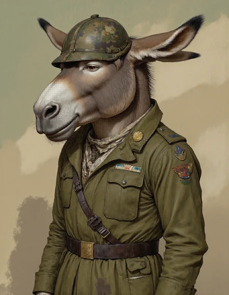 Rembrandt style <lora:funnys:1>, This is an ultra-realistic, highly detailed portrait of a donkey rendered with meticulous attention to texture, lighting, and character. The donkey stands against a muted gradient background that transitions from dusty beige at the bottom to a pale olive green near the top, evoking the rugged tones of a battlefield or desert landscape. Every detail of this eccentric yet oddly endearing subject has been crafted with care.
The donkey's body is sturdy and muscular beneath its coarse coat of fur, which varies in color from light gray-brown to darker patches around its back and legs. Each strand of fur is individually visible under the soft, diffused lighting, creating a natural, textured appearance. The fur on its ears is shorter and finer, catching highlights that emphasize their mobility, while thicker tufts frame its neck and chin, giving it a scruffy, unkempt look. Scattered across its hide are faint scars and scratches, hinting at a life of hard workâor perhaps just clumsiness.
Its face steals the show, dominated by an unmistakably "idiotic" expression that combines wide-eyed bewilderment with a slack-jawed grin. Its large, soulful eyes are slightly crossed, giving it an air of bemusement, while tiny wrinkles radiate outward from the corners of its mouth, amplifying its hapless charm. Its nostrils flare comically wide, as if perpetually startled, and its long, droopy ears stick out awkwardly to either side, twitching ever so slightly. A few stray wisps of fur protrude untidily from its snout, adding to its disheveled appearance.
The donkey wears a military uniform , complete with all the trappings of a soldierâbut somehow, it only enhances its absurdity. The olive-green jacket is too big for its lanky frame, bunching up around its shoulders and hanging loosely over its chest. Patches and medals are haphazardly pinned to the fabric, some upside-down or overlapping others, suggesting they were applied without much thought. Faded shoulder epaulets dangle precariously, and one sleeve is rolled up unevenly, revealing a patch of bare skin underneath. Around its waist sits a utility belt loaded with mismatched gear: empty holsters, tangled straps, and what appears to be a canteen leaking water onto its side.
Perched atop its head is a dented military helmet , tilted at a comical angle that threatens to slide right off. The helmet bears a faded camouflage pattern and a small dent near the front, as though it had survivedâor barely escapedâa direct impact. A strap hangs loose under its chin, swaying gently as if caught mid-motion. Beneath the helmet, its oversized ears poke through, refusing to be contained.
Lighting plays a crucial role in this piece, with soft, even illumination casting gentle shadows that accentuate the donkey's three-dimensional form. Subtle highlights run along the ridges of its hooves, the curve of its helmet, and the raised fibers of its fur, while deeper shadows pool within the folds of its oversized uniform and the creases of its skin. This interplay of light and shadow creates a masterfully realistic rendering, drawing the viewerâs eye to the intricate textures and imperfections that define the donkey's character.
Every element of this portraitâfrom the carefully crafted texture of the donkey's fur to the slapdash details of its ill-fitting military attire and the hilariously vacant expression on its faceâhas been meticulously designed using advanced CGI techniques combined with photorealistic textures. The result is an unparalleled level of realism that blurs the line between digital art and photography, inviting viewers to linger over the smallest details and marvel at the sheer ridiculousness of this lovable, bumbling creature. . Baroque, chiaroscuro, realistic, emotional, "flat lighting
