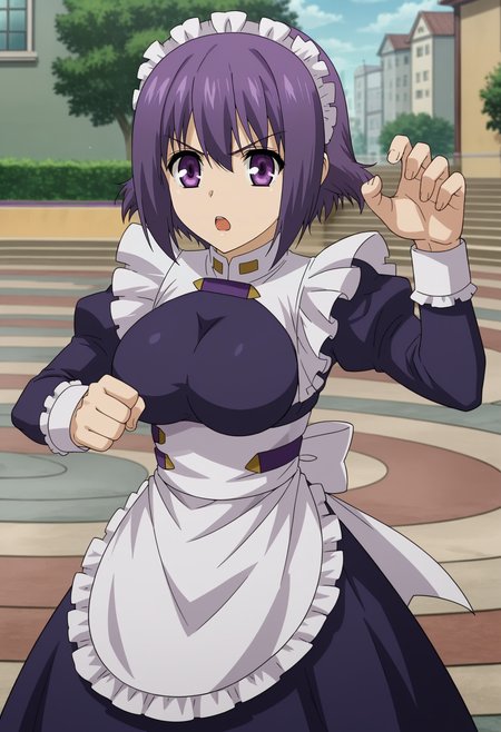 <lora:Cosette_Shelley-Dragonar_Academy:0.8>1girl,solo,Cosette Shelley,short hair,purple hair,purple eyes,large breasts,,maid,maid headdress,apron,long sleeves,fighting stance, dynamic pose, looking at viewer, open mouth, outdoors,