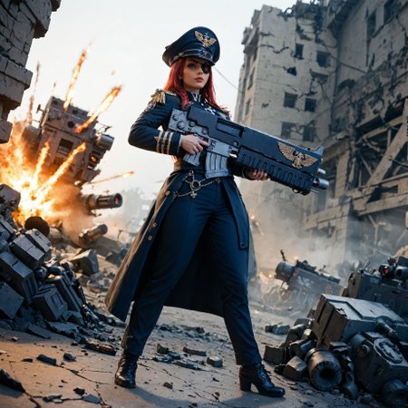 (score_9, score_8_up, score_7_up),
BREAK
gothic architecture, explosion, rubble, dark, grim, fog,
BREAK
dutch angle, full body, 1women, warhammer40kcommissar,  She is (charging forward),  grim expression, left eyepatch,  breastplate, hat, epaulettes, greatcoat, holding aiming, a bltgun bolter weapon., breastplate,  military pants,  cap, ,
<lora:Warhammer_40000_Commissar:1>  <lora:Bad_Hands_lora:0.8> <lora:add-detail-xl:0.8> <lora:Expressive_H:0.8>  <lora:Bolter_-_Warhammer_40000_Pony_SDXL:1>