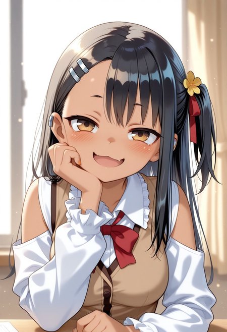masterpiece, cute, lovely, (best quality:1.3), (amazing quality:1.3) ,very aesthetic, 1girl, solo, blush, (medium breasts:1.2), face satisfied, high gradient eyes, Nagatoro_Hayase_Style, black_hair, brown_eyes, bangs, long_hair, hairclip, hair_ornament, straight_hair, very cute, light particles, cute details, cute colors, naughty face, smug, BREAK, blush, brown vest, clothing cutout, flower, frilled sleeves, frills, hair ornament, hair ribbon, hand on own cheek, hand on own face, head rest, looking at viewer, neck ribbon, one side up, open mouth, red ribbon, ribbon, shirt, shoulder cutout, sunlight, upper body, vest, white shirt, yellow flower, bow, hair flower, jacket, smile, collared shirt, long sleeves, red bow, white jacket,:d, orange nails, frilled collar, eighth rest, hand on own chin