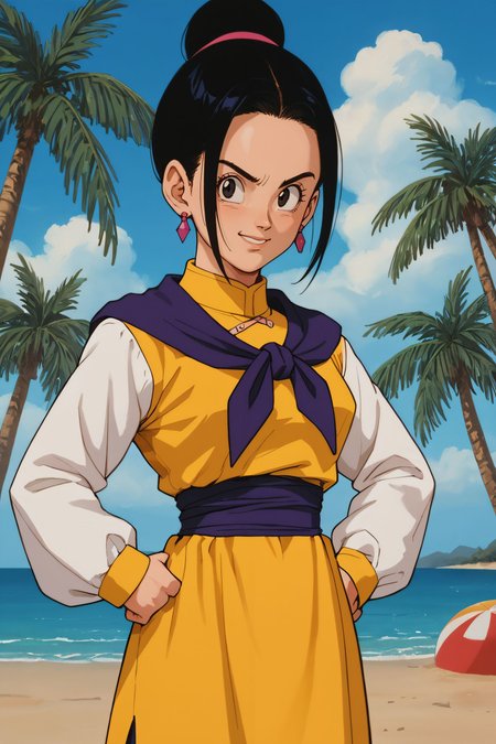 zPDXL3,  <lora:chichi_pony_v2:.5>,
chi-chi, black hair, black eyes, sidelocks, hair bun, earrings, purple neckerchief, long sleeves, yellow dress, white sleeves, blue pants, purple sash, looking at viewer, serious, smiling, standing,hands on hips, outside, beach, palm trees, blue sky,