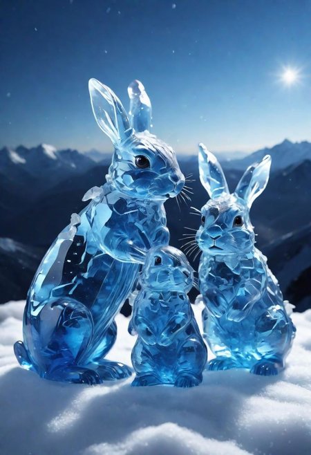 3 cute little blue transparent glass bunnies on snow, Made_of_pieces_broken_glass, transparent, glowing light blue from the inside, dark blue moonless sky in the background, at night, night time, on mountain top, underexposed, 4k, 8k, dynamic composition, high detailed reflections, light refraction, light reflections, shallow depth of field, vignette, highly detailed, bokeh, moody, epic, gorgeous, film grain, grainy, snowing, snowstorm,