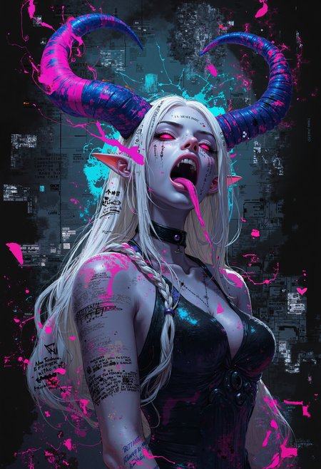 high quality, ultra detailed, colorful, abstract, fantasy, aidmaMJ6.1, bo-abyss, a digital drawing in an anime style, featuring a fantastical, otherworldly creature with a blend of fantasy and horror elements, the subject is a female character with pale blue skin and long, flowing white hair that cascades down her shoulders, her eyes are a striking, glowing pink, and her mouth is open wide, revealing sharp, pointed teeth, with a long, dripping pink tongue, she has large, pointed ears and a pair of prominent, curved, blue and pink horns protruding from her head, the horns are adorned with intricate, glowing patterns in shades of blue, purple, and pink, adding a surreal and otherworldly quality to her appearance, she wears a black choker around her neck and a black, sleeveless top that appears to be made of a shiny, metallic material, the background is a solid black, which contrasts sharply with her vibrant colors, making her stand out vividly, the overall composition is dynamic, with the character's expression and the flowing, ethereal quality of her hair and the glowing effects adding to her otherworldly appearance, partially blended with abstract digital elements. The scene has a dark, moody ambiance. The background features layers of glitch art, fragmented texts, and metallic textures. contrasting against the monochromatic tones of black, grey, and hints of green. Smudged paint and scratches add a sense of decay and technology.<lora:Flux\aidmaMJ6.1-FLUX-v0.4.safetensors:0.8:0.8> <lora:Flux\boFLUX digital-abyss.safetensors:1.0:1.0>