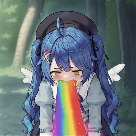 score_7_up, score_6_up, score_5_up, source_anime,
<lora:amamya.pony:1>, amamya,
<lora:Rainbow_vomit_meme-pony:0.8>, looking down, leaning forward, tears, disgust, rainbow, vomiting rainbows, vomit, outdoors, blue hair, black beret, wings,