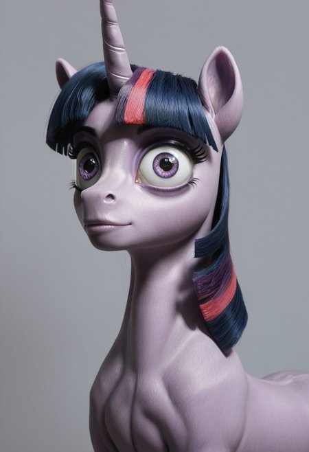 score_9, score_8_up, score_7_up, score_6_up, score_5_up, score_4_up, Realistic, solo, slender, slim, twilight sparkle, no humans, horn, unicorn, horse, pony, female, mare, unicorn, calm, unkempt mane, rear view, looking back, looking over shoulder, smirk, (fur:0.9), big eyes, realistic, photo, detailed, beautiful, small eyes, realistic eyes, c1op1c1an, face focus, eyes popping out