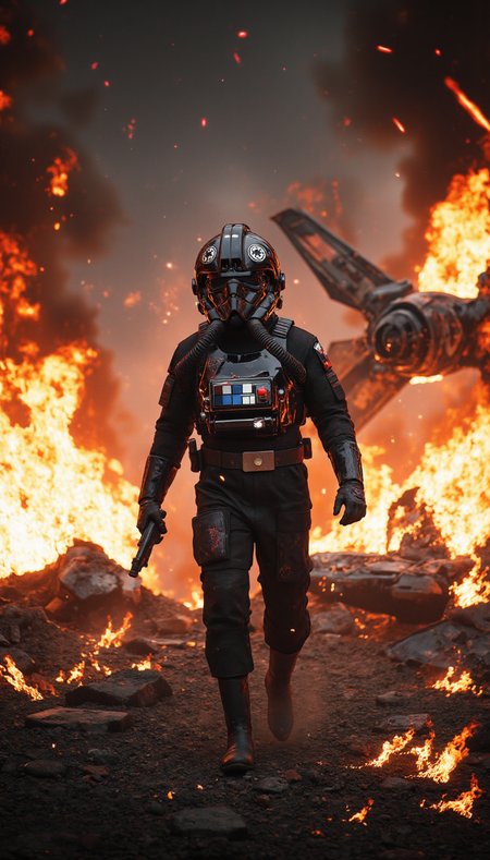Photograph of a TIE_pilot walking through a battlefield.

The Tie Pilot appears injured and their suit is scratched and torn in places.  They are walking on rocky ground and all around them is burning wreckage of crashed TIE fighters and other ships.  Flames are everywhere, laser bolts streak through the sky.

The scene feals frightening and chaotic, war, fire, danger, Photorealism, High resolution, 8k, hyper-realistic, cinematic lighting, intricate details, sharp focus.

<lora:flux\TIE_pilot-TIE_Fighter_Pilot_-_Star_Wars_Flux>,
<lora:flux\aidmaMJ6.1-FLUX-v0.4>