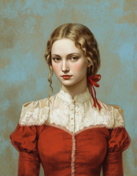 By Anna & Elena Balbusso. A portrait of a woman with a soft expression, wearing a red dress with a white lace collar and a red ribbon in her hair. the woman, who appears to be in her early twenties, is positioned in the middle of the image, looking directly at the viewer with her brown eyes. her blonde hair is styled in loose curls, and she has a gentle, serene expression. her lips are painted a soft pink, adding a touch of elegance to her overall appearance. the background is a soft, pastel blue with a subtle texture, giving the image a dreamy, ethereal feel. the image has a vintage, muted color palette, with a focus on the woman's delicate features and the intricate details of her dress and the texture of the fabric. the overall effect is one of serenity and elegance, with the soft and muted colors blending together to create a sense of depth and texture.