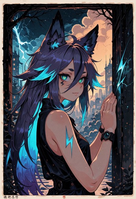 safe, ukiyo-e, ligne claire, (phantom_ix_row,ireading,akizero1510,alchemaniac:0.4), bright natural light,
1girl, raiju,
masterpiece, best quality, amazing quality, very aesthetic, absurdres, hyper-detailed, 8k uhd, absolutely eye-catching, ambient occlusion, raytracing, score_9, score_8_up, score_7_up,
cyan eyes, animal ears, purple hair, gradient hair, (cyan hair:1.2), (glowing hair:1.1), sleeveless, lightning tattoo,  punk, 
light smile, leaning, against wall, looking at viewer, magic, spell, from side, upper body, dutch angle,
city, clear composition, storm, lightning, starry sky,
warm ambient lighting, soft shadows, volumetric lighting,