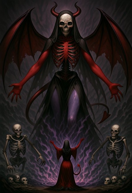 masterpiece, best quality, newest, absurdres, highres, anime, anime style, 1girl, demon girl, Purple skin, 
1girl, red skin, red colored skin, demon girl, succubus, demon horns, horns, demon wings, demon tail, wings, horror (theme), monster girl, skull, skull mask, bones, skeleton, veil, veiled face, mask,
, giantess giant, size difference