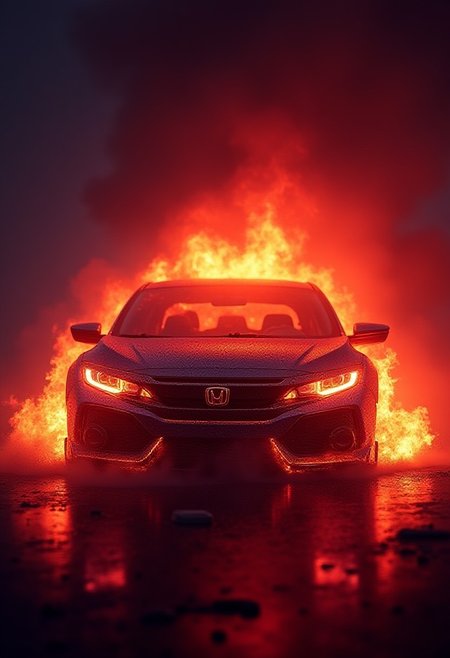 A honda civic completely engulfed in flames, inferno, blazing, concept art, masterpiece, perfect lighting, purple flames, 4k, absurdres,
