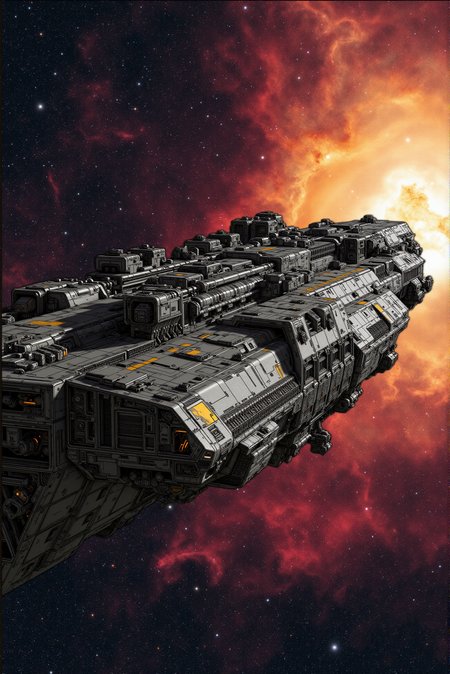 <lora:SpaceCraft_v.3:0.8>
A high-capacity interstellar carrier vessel extends laterally across the starscape, its elongated fuselage dominated by data conduits, missile silos, modular hull clusters, and flowing golden energy circuits etched into gunmetal plating. The profile is pure functionâlow-profile weapons arrays, emergency eject bays, and drop-pod deployment rails run the length of the frame. The backdrop erupts with painterly swirls of blood-red and ash-white nebula gas, creating visual turbulence behind the mechanical stillness. Viewed in strict side-profile, the ship reads like a schematicâcrisp, clean, detailed. The style evokes hard science-fiction illustration with sharp ink-line clarity, no-glare surfaces, and dynamic tension across compositional layers.