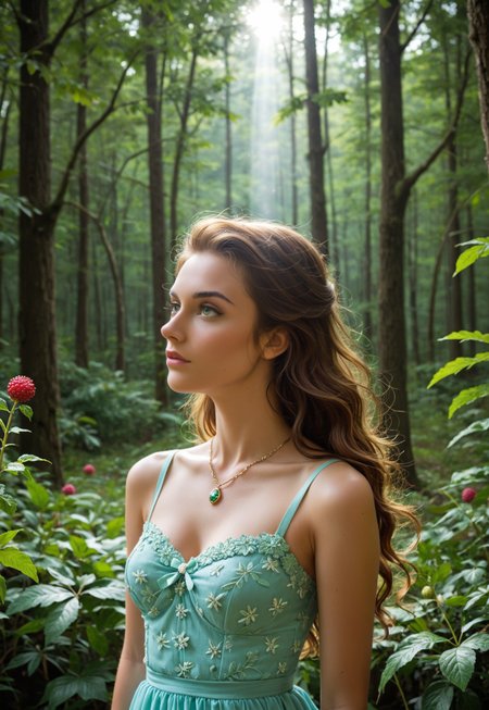 A charming huldra with long, flowing hair the color of forest moss, adorned with tiny flowers and leaves, cascading down her back. Her skin is a soft, earthy brown, glowing with the warmth of the forest. Her eyes are a deep, enchanting green, filled with the mysteries of the woods and the allure of ancient tales. Delicate, arched eyebrows frame her captivating gaze. Her nose is small and slightly upturned, adding to her charming appearance. Her lips are full and soft, the color of ripe berries, slightly parted as if whispering secrets of the forest. Her slender shoulders are bare, revealing smooth, bark-like patterns that shimmer in the dappled sunlight. Her chest is adorned with a necklace of polished pinecones and berries, highlighting her natural beauty. Her abdomen is lean and supple, leading to a slender waist. Her lower body is draped in a flowing, leafy gown made of living vines, swaying gently with the breeze, revealing her lithe figure. She stands in a lush, ancient forest, surrounded by towering trees and the soft sounds of nature, the air filled with the scent of pine and wildflowers. Sunlight filters through the canopy, casting a warm glow on her charming features. Her eyes are open, gazing at the forest with a sense of curiosity and mischief. A charming huldra in an ancient forest.
(huldra, upper body, fully clothed)
<lora:add-detail-xl:1>