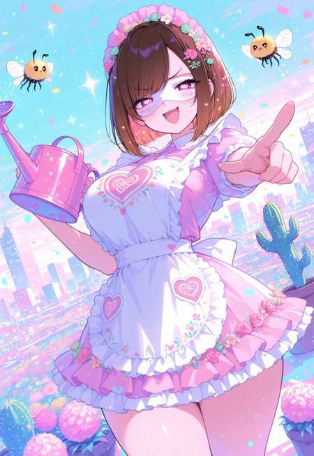 xxx667_illu, 4ur4_illu,masterpiece, best quality, absurdres, highres, vibrant, highly detailed, curvy, wide hips, large breasts, blush, vivid colors, dutch angle, plant theme, brown hair, swept bangs, flower hairpin, bob cut, gardening tools, apron, frilled dress, cactus motif, roses, smile, v shaped eyebrows, pointing at another, open mouth, legs apart , heart pupils, sparkles, pastel colors, , confetti, bees, cityscape, holding watering can, smug, eye mask