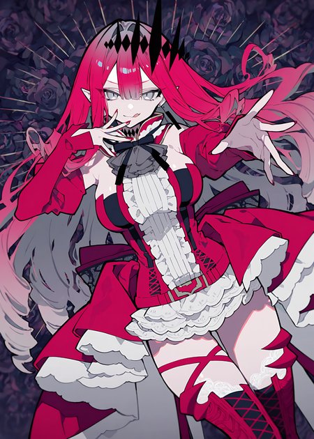 baobhan sith \(first ascension) (fate\), fate/grand order,

1girl, pointy ears, grey eyes, long hair, pink hair, sidelocks, large breasts, 

thigh boots, red dress, detached sleeves, bare shoulders, detached collar, center frills, earrings, tiara, cleavage, thighs,

jojo pose, jonathan joestar's pose \(jojo\), licking lips, evil smile, spread fingers,

perspective, dutch angle, abstract background, black rose,

(mochizuki kei:0.7), (starshadowmagician:0.6), (redrop:0.5),

(very awa, very aesthetic, masterpiece, best quality, highres, absurdres, :1.2)