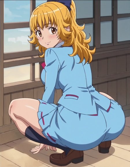 score_9, score_8_up, score_7_up, anime screencap, solo,1girl,higashiyamaseika,  school uniform, blue shirt, blue skirt,  bow, cowboy shot,large breasts,looking st viewer,smile,blush,from behind,huge ass,squatting<lora:higashiyamaseika:0.8>,