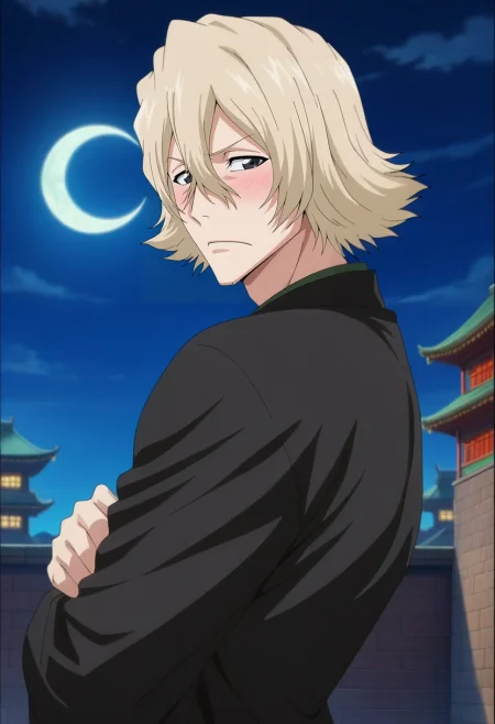 masterpiece, best quality, , anime screencap, , official style, , 1boy, solo, male focus, <lora:kisuke_urahara_ilxl:1>, kisuke_urahara, blonde hair, black eyes, short hair, hair between eyes, , , from side, great wall of china, night, crescent moon, dynamic pose, shy, blush, Silk Damask Cargo joggers, SilverGray Satin Ikat Thermal Henley shirt, , ,