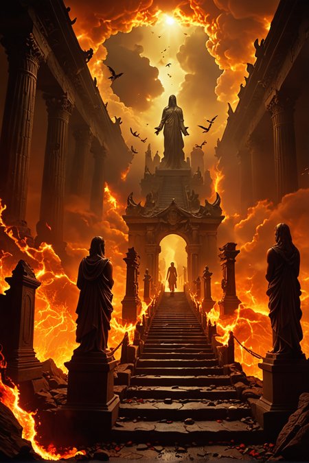 a surreal, symbolic image of purgatory balanced between heaven and hell, showing ethereal heavens above, radiant with golden light and floating ethereal beings, and a dark, fiery underworld below. heaven appears as an endless, sky-like realm with angelic clouds, translucent stairways, and a peaceful aura; heaven's light spills gently into purgatory. purgatory itself is depicted as a vast, mist-filled realm of stone paths and crumbling, ancient statues, with lost souls in various states of reflection. underneath, hell is a chaotic inferno with rivers of molten lava, tortured souls and demonic shadows, and twisted, dark trees. the image has a dreamlike, surreal atmosphere, with heaven, purgatory, and hell each holding symbolic, contrasting colors and textures to convey the transition between realms.