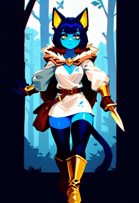 <lora:AshFondue_Illustrious_v8:0.9>, no lineart, 
blue cat ears, blue cat tail, (blue skin: 1.4), colored skin, yellow eyes, cat pupils, dark blue hair, medium hair, bobcut, doll joints, bored, jitome, black eyeshadow, flat breasts, medium hips, short, dark blue ears, dark blue tail, gold inner ear, gold details,  thief cloak, fur trim, long sleeve tunic, belt, purse, black leggings, boots, long gloves, long boots, skirt, dirty clothes, dark clothing, brown and black clothes, thick clothes, bracers, rogue, thief, fantasy, woods, hood down, thick gloves, gold forearm bracers,
BREAK masterpiece, best quality, detailed background, running, holding a dagger,