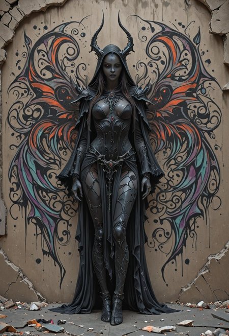 mobe-godeen, Avant-garde, masterpiece, flat graffiti style, dark fantasy, simple background,