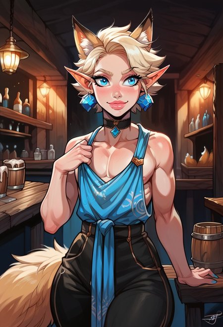 score_9, score_8_up, score_7_up, score_6_up, masterpiece, best quality, portrait, sul31m4n0v, femboy, pointy ears, blue eyes, short blonde hair, fox ears, fox tail, claws, very long eyelashes, huge lips, beautiful face, cute face, feminine, cute smile, wide hips, thick thighs, hourglass figure, curvy, bottom heavy, blue nail polish, lots of flashy jewelry, flashy jeweled necklace, flashy earrings, choker, cheerful look, plunging neckline, huge neckline, sleeveless, in a tavern.