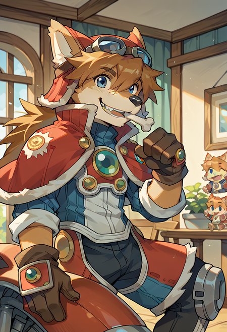 score_9, score_8_up, score_7_up, high res, best quality, red_savarin_solatorobo, furry, goggles, solo, 1boy, blue eyes, brown hair, capelet, gloves, chibi, cute, happy, bone in mouth, inside, room,<lora:Red_Savarin_Solatorobo:1>