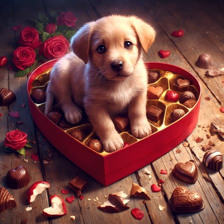 Digital fantasy art. A guilty puppy looks up at the viewer, sitting on top of a heart-shaped box of chocolates. Partially eaten chocolates and crumbs are scattered around. <lora:Hyper-SDXL-4steps-lora:1.0>
