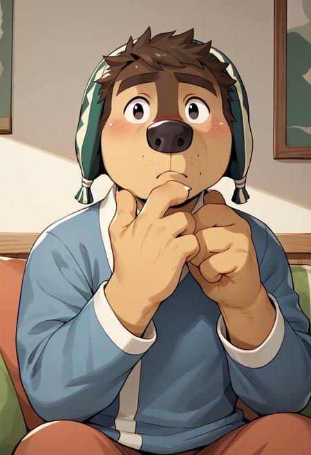 score_9, score_8_up, score_7_up, best quality, hires BREAK solo, black eyes, dog, rock dog, male focus, 1boy, furry, messed hair, blush, hand on chin, thinking, room, <lora:Bodi_Rock_Dog:1>, <lora:add-detail-xl:1>