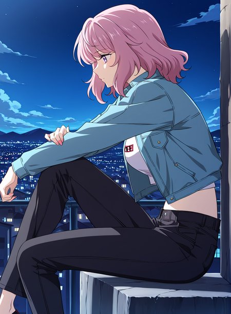 <lora:Immortal_Swordsman_In_The_Reverse_World__Chu_Xiao:1>
1 girl, solo, medium hair, wavy hair, pink hair, purple eyes, 
cropped t-shirt, light blue open jacket, black skinny pants, casual outfit, 
score_9, score_8_up, score_7_up, score_6_up, source_anime, masterpiece, best quality, absurdres, highres, newest, anime coloring <break>  1girl, solo, sitting, on wall, from side, town, night sky, cloud