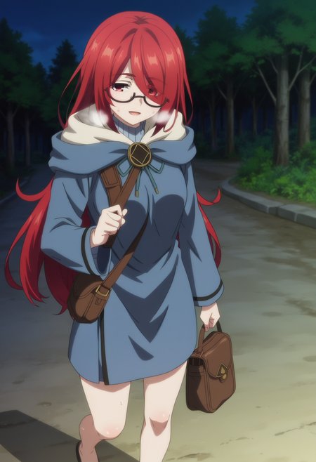 score_9, score_8_up, score_7_up, source_anime,
BREAK
1girl, solo, anime screencap, anime coloring, 
<lora:shiSophiaV1:1>, 
shitaliablack, long hair, long sleeves, red eyes, hair between eyes, closed mouth, standing, outdoors, red hair, semi-rimless eyewear, bag, night, parody, pale skin, nature, forest, blue robe, shoulder bag, glasses, blue cloak, blue hood,
looking at viewer, thighs, soles, seductive smile, hair over one eye, eyes visible through hair, head tilt, half-closed eyes, 
sweat, heavy breathing, open mouth, steaming body,