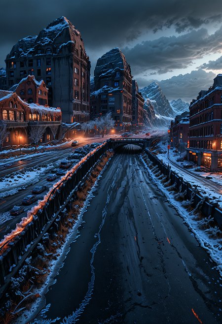 A hauntingly serene, digitally painted illustration of a post-apocalyptic, ice-encrusted planet Earth, devoid of any signs of life, with a thick layer of frost and snow covering the once-lush landscapes, and eerie, dark grey clouds shrouding the horizon, casting an ominous, orange-tinged glow on the desolate, barren terrain, with the faint, foggy outlines of frozen mountains and glaciers in the distance, and the remnants of crumbling, snow-covered cityscapes in the foreground, with jagged, icy peaks and frosty, abandoned streets, roads, and buildings, all bathed in a cold, melancholic, blue-grey light, evoking a sense of loneliness and abandonment, as if the planet has been frozen in time.
 <lora:MJ52_v1.3:0.3> <lora:aesthetic:1.50> aesthetic  <lora:great_lighting:1.50> great lighting  <lora:sd_xl_dpo_lora_v1:0.25>  <lora:Perfect Hands:0.5>  <lora:detailed_notrigger:1.5>  <lora:photorealistic_portrait_notrigger:1.5> <lora:clothing_slider_v19:2> <lora:RMSDXL_Enhance:0.5> <lora:RMSDXL_Creative:0.5> <lora:RMSDXL_Darkness_Cinema:0.5> <lora:RMSDXL_Photo:0.5> <lora:xl_more_art-full_v1:0.3>