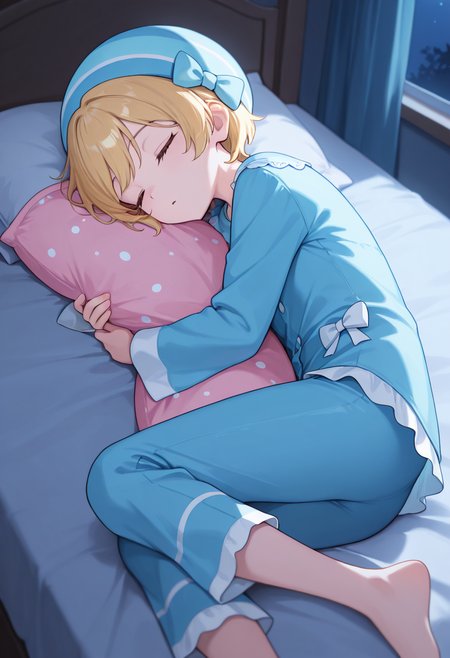 1girl,solo,<lora:licail:0.9>,licappn,blonde hair,short hair,hat,bow,blue headwear,pajamas,waist_bow,buttons,looking_at_viewer,cowboy_shot,bedroom,masterpiece,best quality,good quality,newest,incredibly absurdres,barefoot,night,lying,sleeping,closed eyes,pillow_hug,