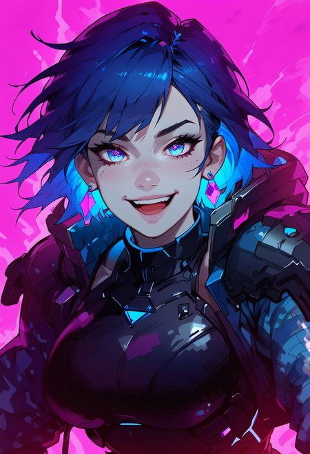 score_9, score_8_up, score_7_up, (((daytime, pink lighting)), (scifi, parking lot), young woman, pale skin, blues eyes, glowing eyes, detailed face, (happy expression), Expressiveh, (blue star earrings), large breasts, (multi colored hair, streaked hair, dark blue hair, dark purple hair), (blue colored inner hair), short hair, messy hair, (purple and blue camouflage armored jacket), (standing, bent forward, beckoning) (city), (depth of field, front view)
