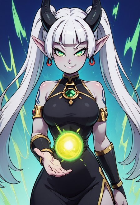 masterpiece, best quality, solo, curvy, beautiful eyes, narrow waist, wide hips, 1girl, solo, smile, looking at viewer, foreshortening, close up, anime screenshot, large breasts, zzSabellaCitronOC, long hair, green eyes, white hair, horns, pointy ears, twintails, grey skin,  shoulder tattoo, china dress, black dress, gold trim, jewelry, earrings, bare shoulders, armlet, bridal gauntlets, ,<lora:SabellaCitronOC_IXL_v2:1.0>,  ,vivid aura, looking at viewer, blue background, smug, aura, super saiyan, charging energy, energy ball, energy, lightning, <lora:DBSBroly_Style_IXL_v2:0.6>,