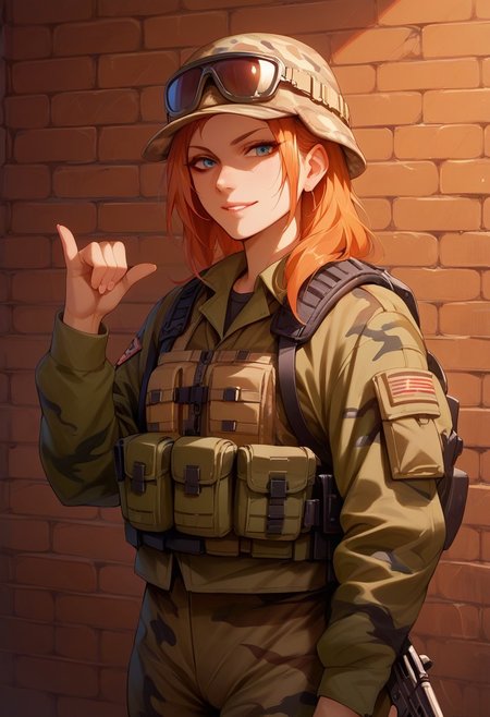 score_9, score_8_up, score_7_up, score_6_up, score_5_up, colourful, 8k, 1girl, solo, shaka, gesture, hand sign, brick wall, military clothes, camouflage, tactical gear, weapon,