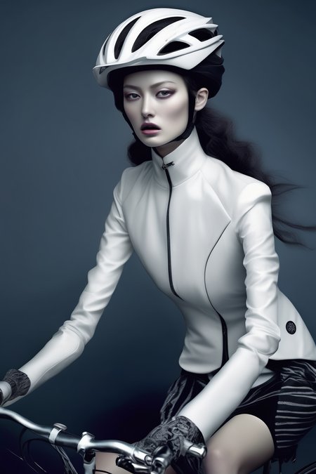 <lora:Zhang Jingna Style:1>Zhang Jingna Style - A lifelike fashionable female cyclist, with a surreal fashion photography style. Zhang Jingna and Alexander Wang 32K uhd