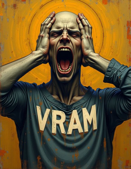 vincent van gogh (style) ,distorted figure with text "VRAM" on chest screaming, hands on sides of head