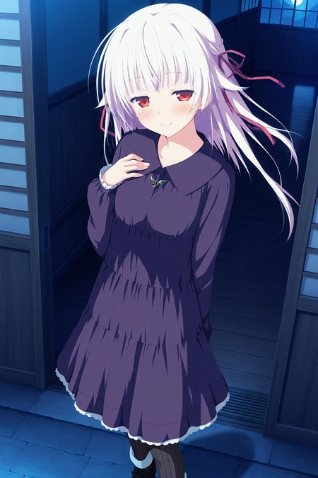 masterpiece,best quality,good quality,rating safe,memoriayume, ototsu_yume, 1girl, solo, white hair, long hair, hair ribbon, ribbon, red eyes, bangs, long sleeves, purple dress, black pantyhose, striped, black footwear,game cg,,moonlight,ourdoor,standing,looking at viewer,smile,from side,upper body,half-closed eyes,blush