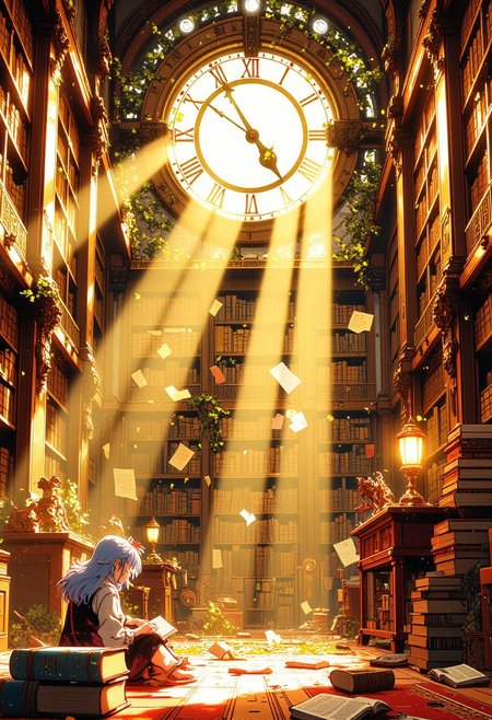 A vast, mystical library bathed in golden sunlight filtering through a massive, ancient clock window. The towering bookshelves stretch endlessly toward the high arched ceiling, adorned with vines, floating lanterns, and intricate golden embellishments. A girl with flowing blue hair sits on the wooden floor, surrounded by scattered books and glowing pages, lost in a world of knowledge. Dust particles dance in the warm, ethereal light, casting prismatic reflections across the polished surfaces. The atmosphere is enchanting, with an air of forgotten wisdom and timeless magic. The scene is a fusion of steampunk aesthetics and whimsical fantasy, reminiscent of a dreamlike sanctuary of stories and secrets