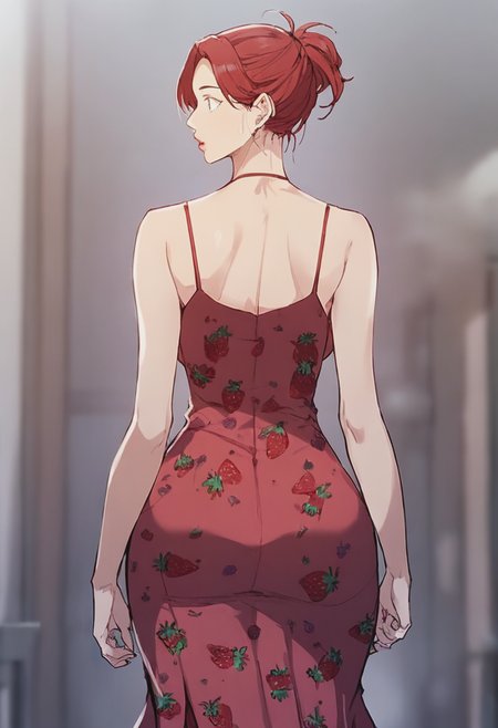 source_anime, score_9, score_8_up, score_7_up, 1girl, mature_female, large_breasts, open eyes, portrait, solo, Walking with a spring in the step, from_behind, (Raspberry armored dress), Strawberry Red hair, upper_body, rating_safe, <lora:pony\artist_styles\minachan_pony:0.9>