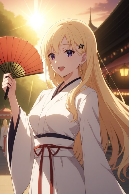 score_9, score_8_up, score_7_up, source_anime, 1girl, prefect lighting, very aesthetic, intricate details, highly detailed background, masterpiece, high quality, prefect hands, best quality, solo,
<lora:Saki_Ayase_Days_with_My_Stepsister_V1:.85>, KJOsaki, blonde hair, purple eyes, long hair, hair ornament, earrings, sidelocks, 
hanfu, white dress, long sleeves, wide sleeves, white sash,
festival, outdoors, standing, seductive smile, parted lips, holding fan, ojou-sama pose, open mouth, laughing, sunset, backlighting, light rays,
(Beautiful, medium Breasts:1.2), natural breasts,