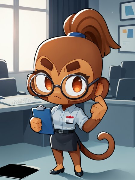 score 7 up,score_6_up,office, highres,solo,chibi, dramatic lighting,patch,round glasses,clipboard,office lady,ponytail,shadow,<lora:btd6.v2:0.8>,furry, monkey, btd6, no nose, tail,1girl,
