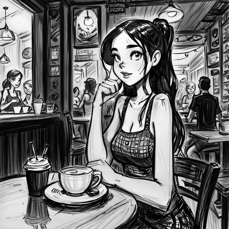 drawix18 girl in a cafe, darkness, black ink, very detailed <lora:drawix18:0.8>