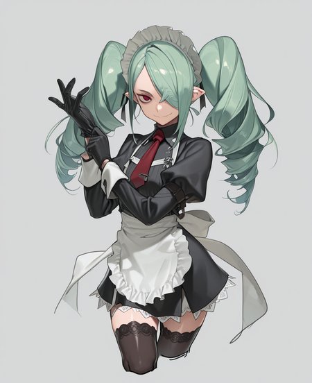 <lora:amrkdrw:1> amrkdrw,
(masterpiece), (best quality), (ultra-detailed), amazing quality, very aesthetic, illustration, perfect composition, intricate details, absurdres, incredibly absurdres, shiny skin, realistic,
 amrkdrw, solo, 1girl, pointy ears, hair over one eye, long hair, juliet sleeves, apron, cropped legs, drill hair, red eyes, gloves, maid, long sleeves, smile, puffy sleeves, thighhighs, looking at viewer, red necktie, frills, simple background, white background, dress, black dress, maid headdress, necktie, twintails, green hair, white apron, adjusting gloves, maid apron, twin drills, sensitive