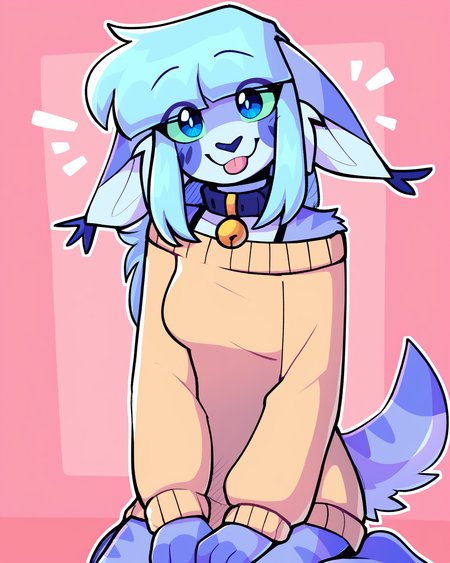 score_9_up, score_8_up, score_7_up, score_6_up, by remanedur, furry female, floppy ears, by remanedur, sweater only,  sidelocks, female, furry, blue eyes, bell collar, blue hair, oversized sweater, off shoulder sweater, tail, medium breasts, bra strap, looking at viewer, head tilt, solo, happy, tongue out, blep, kneeling, gesture,  three-quarter view, simple background, white outline, <lora:Leah_Pines(AIM)_XL_v1:0.15> <lora:PDXL_artist_tags_v2_big:0.5> <lora:The-Minuscule-Task_PDXL_v1.0:0.6>  <lora:Lenix_lenix_tt:0.7>