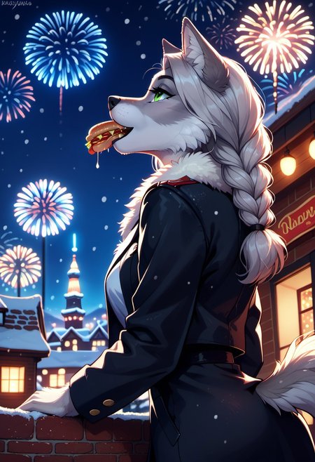 (eating a hotdog), score_9, score_8_up, score_7_up, highres, high quality, perfection, masterpiece, detailed,
1girl, solo, (((side view))), ((from behind)), head in right corner, ((focus hotdog)),
winter, starry night, midnight, fireworks, new year, celebration, snow, snowing, snowfall, rooftop, city, city_lights, cityscape, scenery,
furry female, (anthro wolf girl: 1.2), detailed fur, gray fur, fluffy fur, white cheeks, long snout, light gray hair, long hair, light gray twin braids, green eyes, beautiful girl, adult, detailed face, beautiful face, eyelashes, perfect eyes, detailed eyes, green eyes, medium breasts,
elegant dress, fancy fur coat, open coat,
sitting on rooftop, smile, happy, (((looking up, looking at sky, from below,))) , ((close up face in right corner)), focus at hotdog, focus food, ravenous expression, in Ahw-expression,  open mouth, drool, from behind, only head, Rembrandt Lighting style, shadow, partially covered in shadow, Rembrandt shadow style, nose shadow, Fireworks,feast,fun,fireworks background, lit up face, Fireworks,feast,fun,fireworks background
fluffy_new_year,